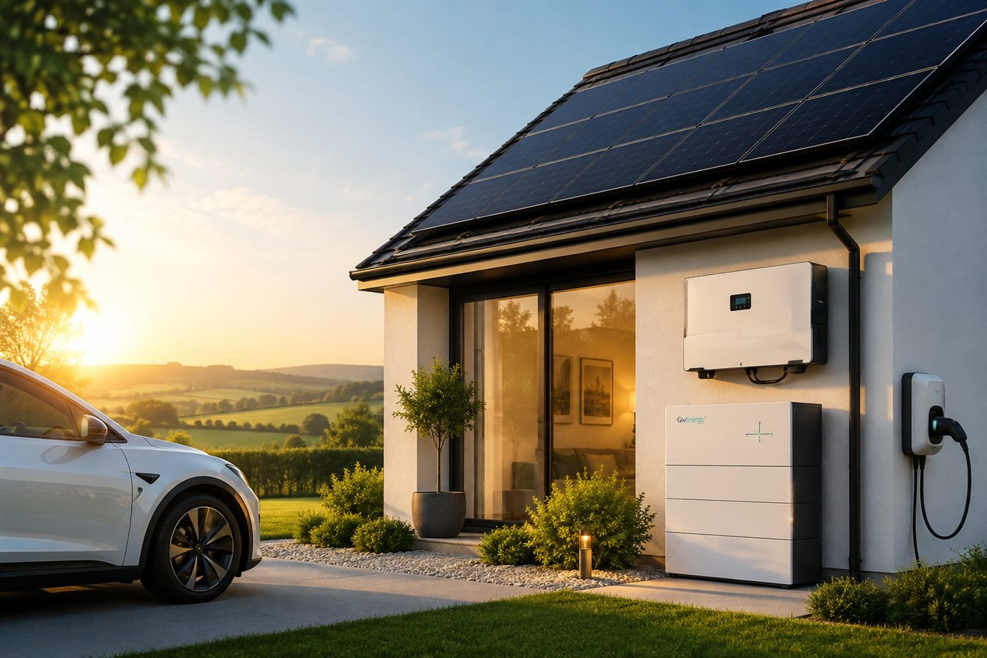 Home with solar panels, battery storage, and an EV on charge